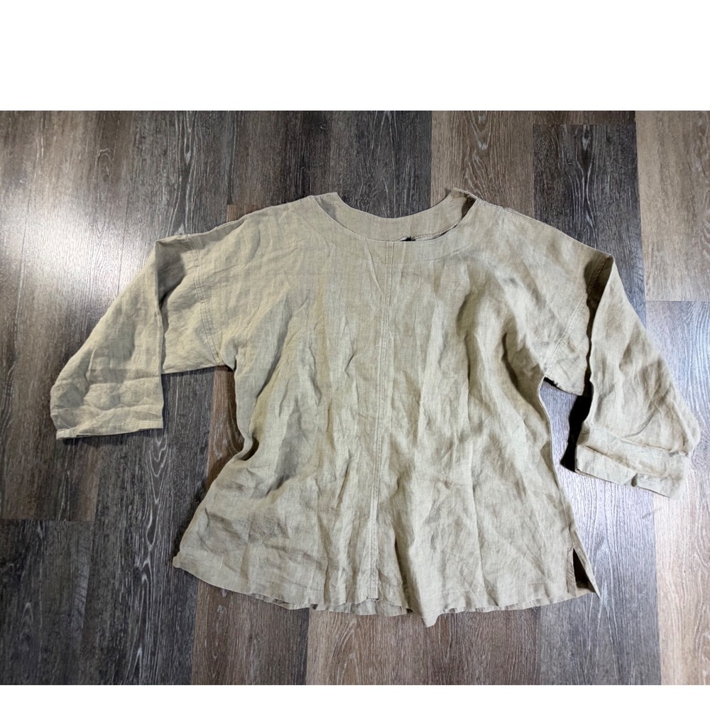 Blanque Linen Blouse Womens XL Beige 3/4 Sleeve Lagenlook Boxy Top